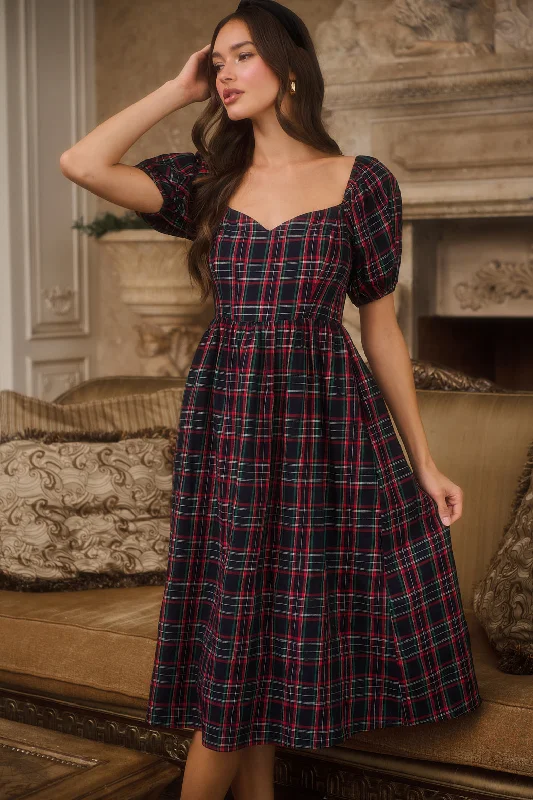 Silk DressArvada Plaid Alessi Puff Sleeve Midi Dress