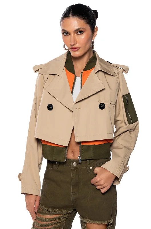 women's coats with embroidered patternsDANA CROPPED TRENCH WITH BOMBER LAYER