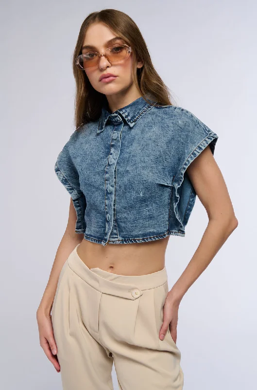 women's tops for those who love to experiment with fashionSTAND ON BUSINESS SHORT SLEEVE DENIM COLLARED TOP