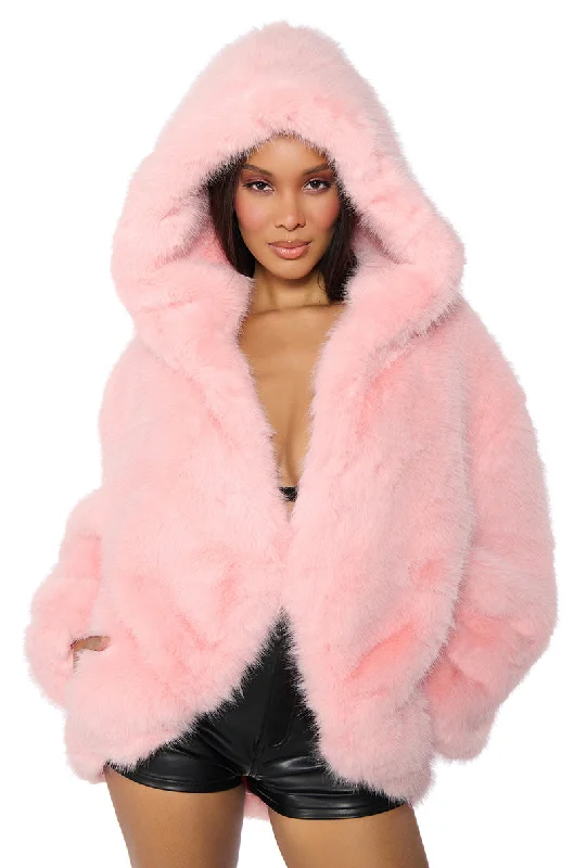 women's coats made in ethical factoriesLANA HOODED FAUX FUR COAT IN PINK