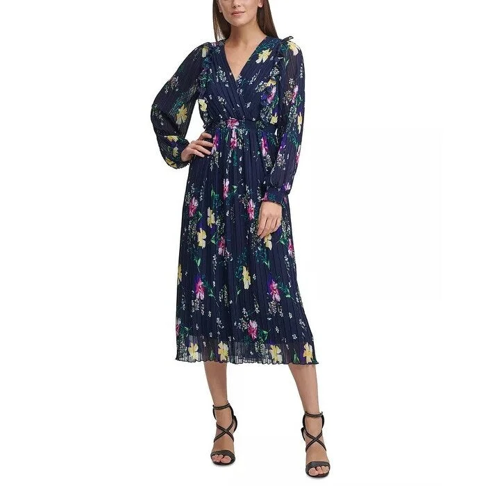 women's cold-shoulder dressesDKNY Women's Floral-Print Pleated Ruffled A-Line Midi Dress Blue Size 12