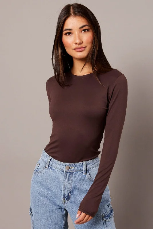 women's tops for mixing and matching with different bottomsBrown Supersoft Top Long Sleeve