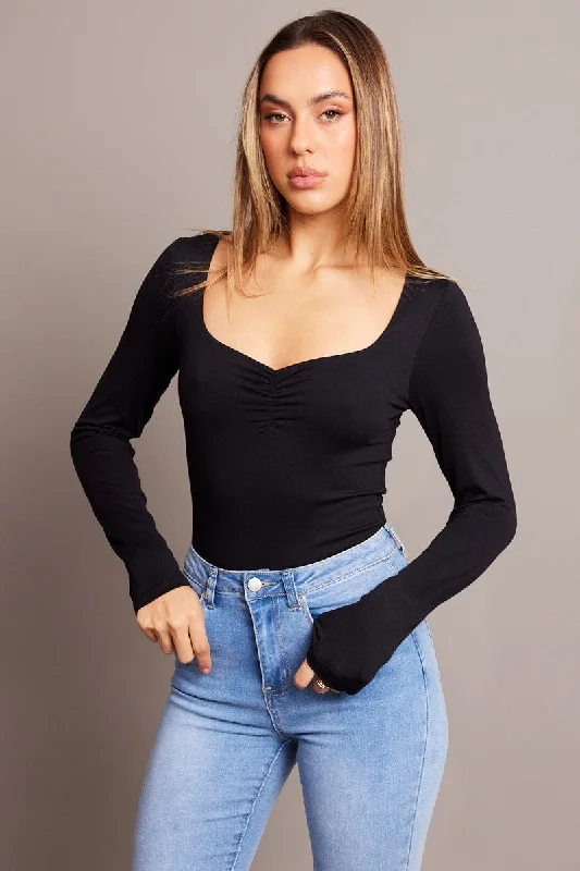 women's tops for layeringBlack Bodysuit Long Sleeve Square Neck