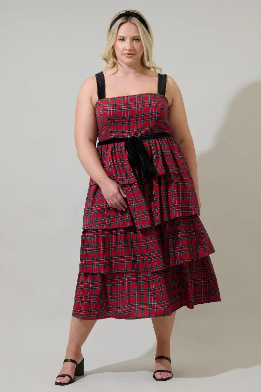 women's striped dressesArvada Plaid Mari Tiered Midi Dress Curve