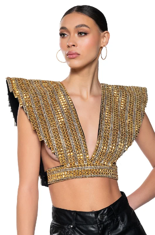 women's tops for those who want to stay cool and chic during warmer weatherQUEEN OF EVERYTHING GOLD EMBELLISHED HIGH SHOULDER TOP