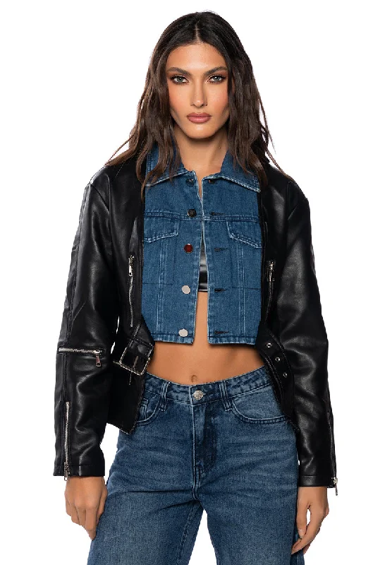 women's coats with hoodsBEST OF BOTH WORLDS DENIM MOTO JACKET