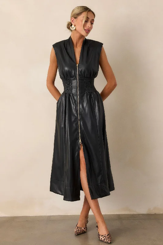 women's minimalist dressesSolaris Dream Black Faux Leather Sleeveless Midi Dress