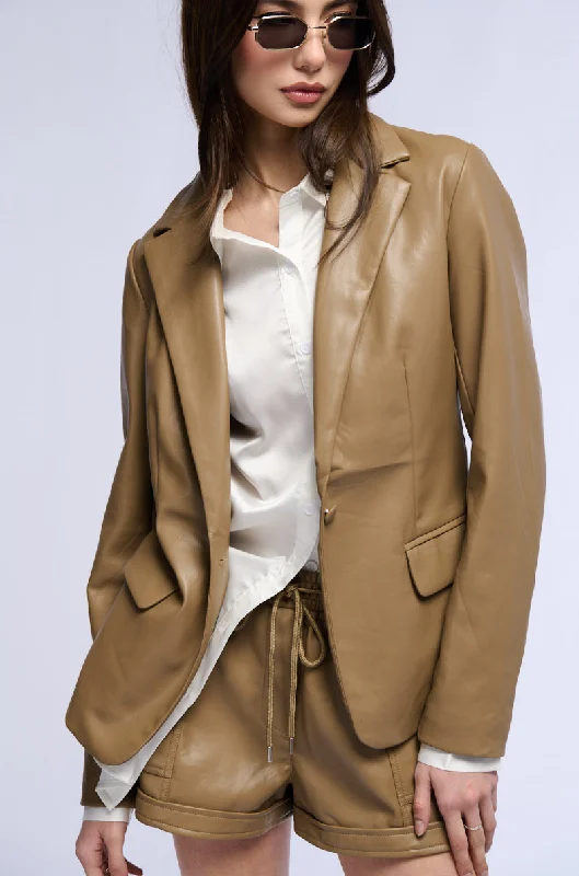 eco-friendly women's coatsGIRL BOSS SOFT FAUX LEATHER BLAZER IN BROWN