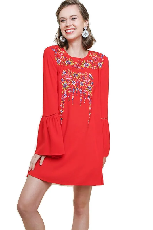 Embellished DressFloral Embroidered Bell Sleeve Mini Dress, Chili