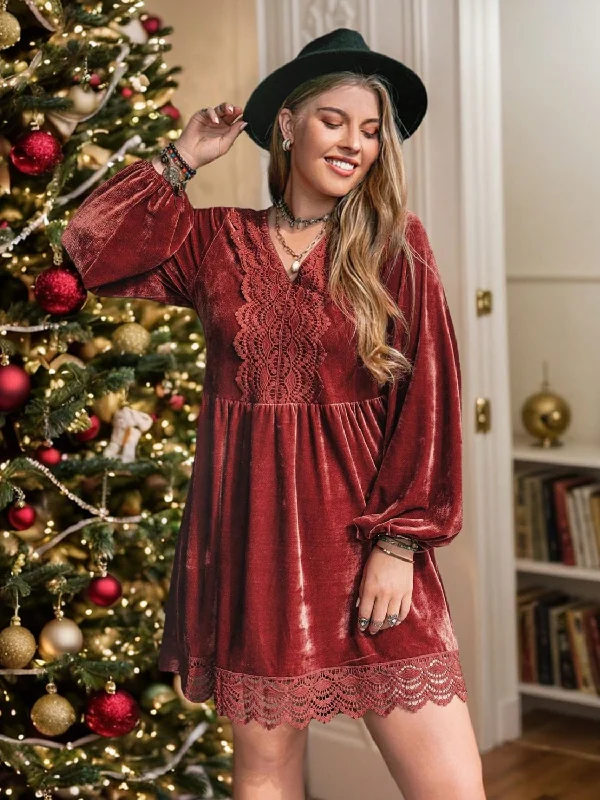 women's ruffle dressesPlus Size Lace Detail V-Neck Long Sleeve Mini Dress