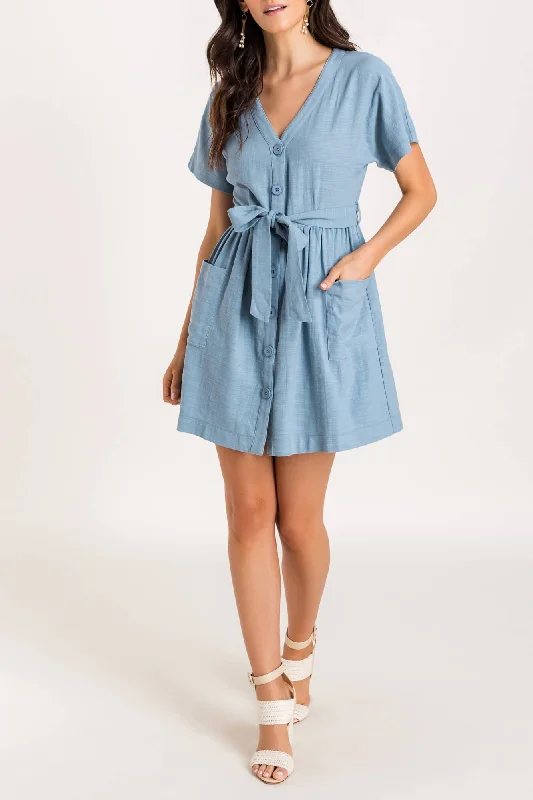 Sleeveless DressButton Tie Mini Dress, Blue