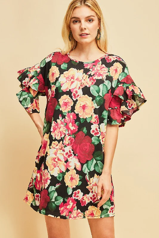 women's fashionable dressesFloral Ruffle Sleeve Mini Dress