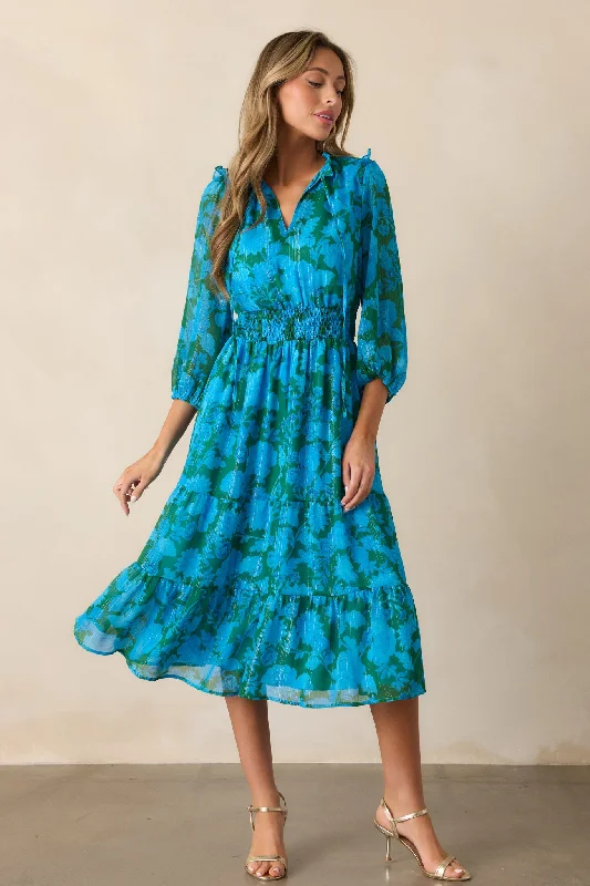 women's lace dressesRising Tides Blue Floral Long Sleeve Midi Dress