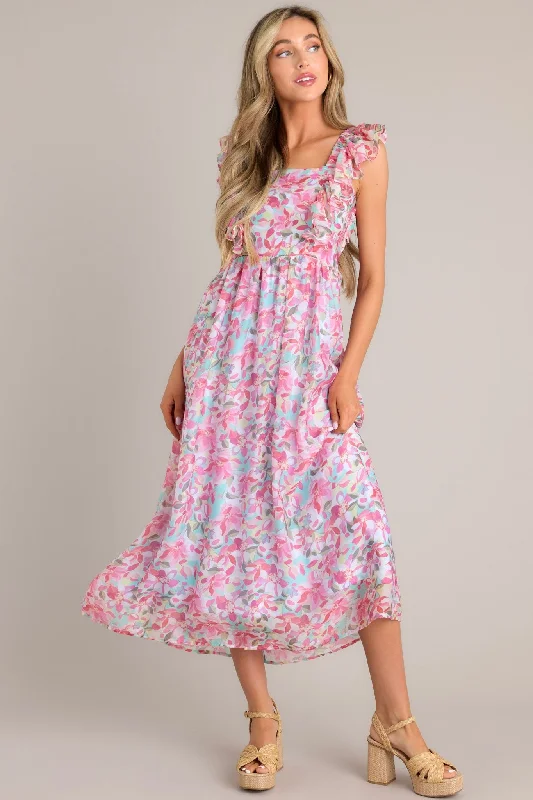 Prom DressGarden Gala Pink Floral Ruffle Sleeve Midi Dress