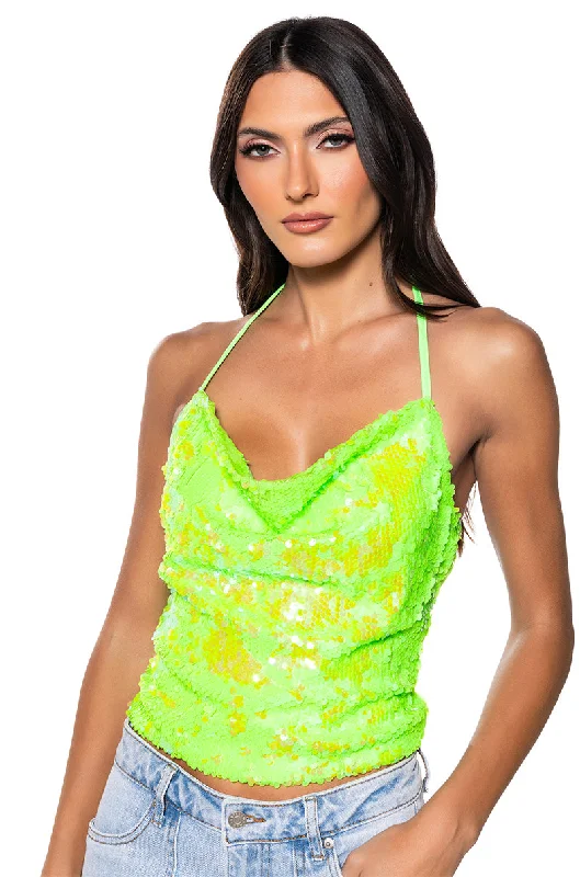 women's tops with lace-up frontsIN MY PRIME SLEEVELESS SEQUIN TOP