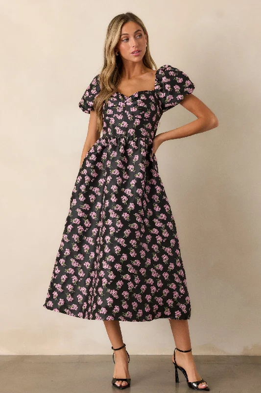 Spaghetti Strap DressTime Flies Black Floral Jacquard Puff Sleeve Midi Dress