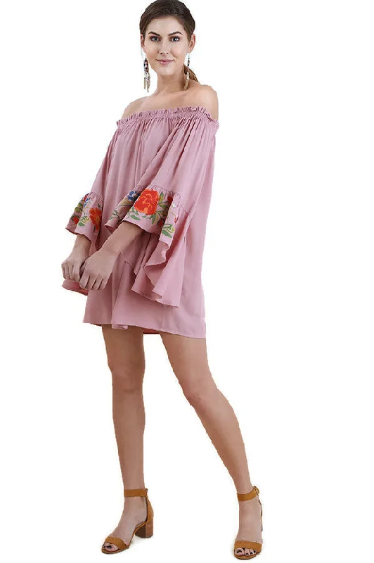 Bohemian DressFloral Embroidered Bell Sleeve Mini Dress, Dusty Pink