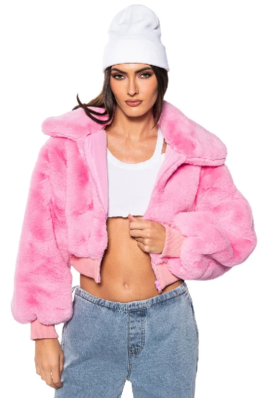 women's coats for tall womenDREW FAUX FUR BOMBER WITH RIB TRIM