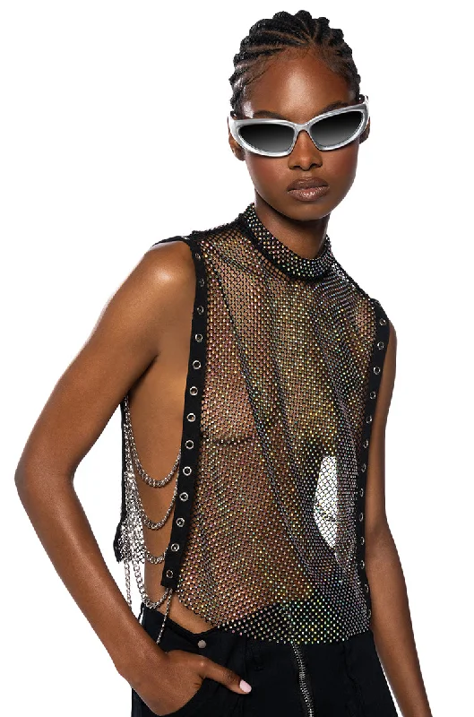 women's tops with sleeveless designsTEARS IN THE CLUB OPEN SIDES MOCK NECK RHINESTONE MESH BLOUSE