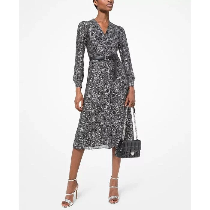 Flutter-Sleeve DressMichael Michael Kors Women's Star-Print Belted Midi Dress Gray Size S - Small