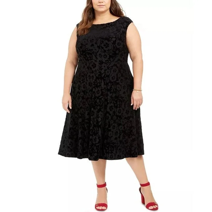 Short-Sleeve DressTommy Hilfiger Women's Velvet Floral Sleeveless Scoop Neck Midi Fit Flare Evening Dress Black Size 18W