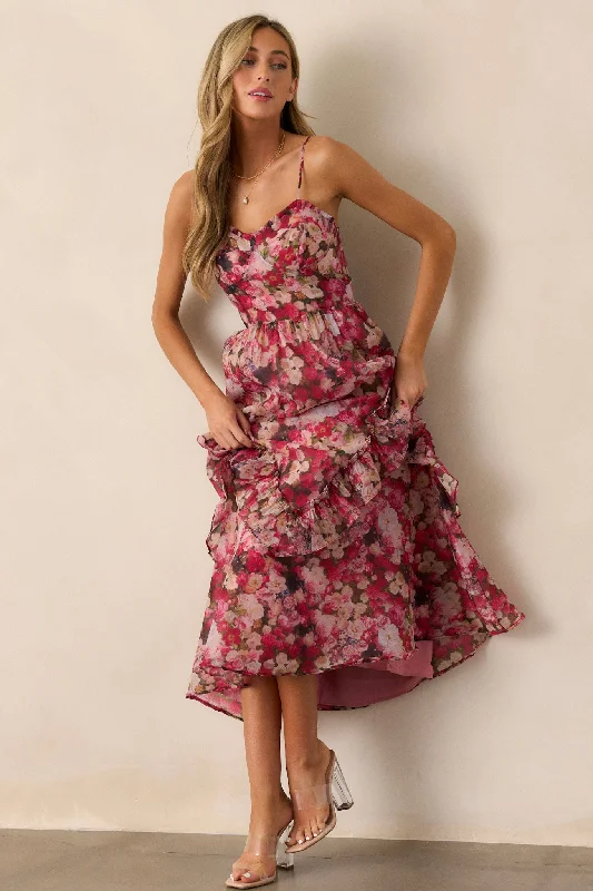 Body-Hugging DressHoney Bee Pink Floral Ruffle Midi Dress