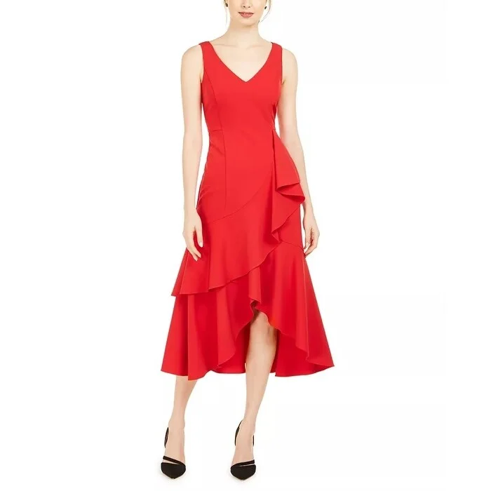 women's retro dressesTaylor Women's Dresses Crepe Tiered High Low Midi Dress Red Size 8