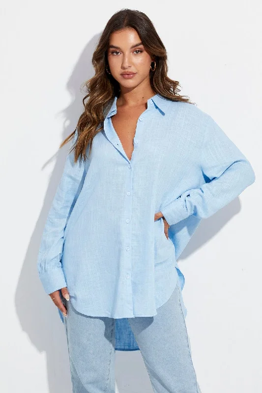 women's tops for those who believe in expressing their individuality through fashionBlue Shirt Long Sleeve Collar