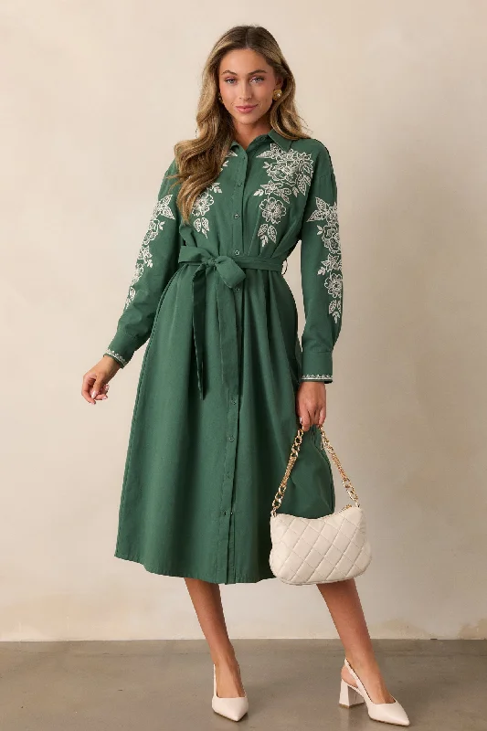 Striped DressLeaves Of Tomorrow 100% Cotton Forest Green Long Sleeve Midi Dress