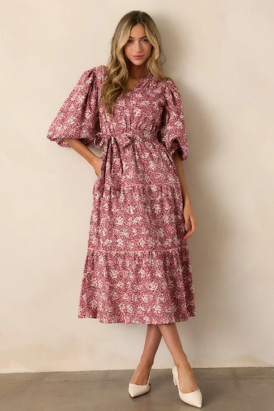 women's everyday dressesRustic Allure 100% Cotton Dark Sangria Floral Midi Dress