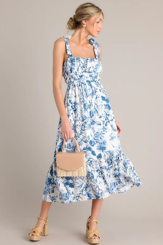 women's lace-up dressesMeadow Muse White & Blue Floral Midi Dress