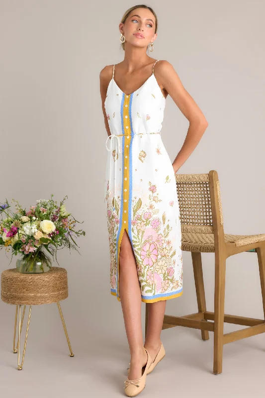 women's one-shoulder dressesBursting Blooms Ivory Multi Floral Midi Dress