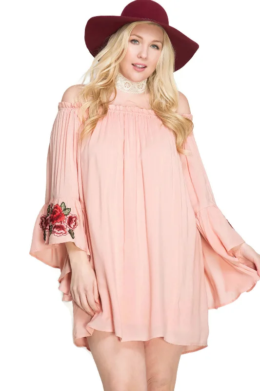 Ruffle DressFloral Embroidered Off The Shoulder Mini Dress, Blush