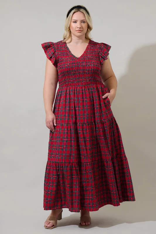 women's flowy dressesArvada Plaid Sunfire Smocked Bodice Tiered Midi Dress Curve