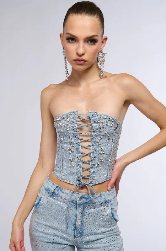 women's tops for mixing and matching with different bottomsSHINE ON ME DENIM CORSET WITH RHINESTONE