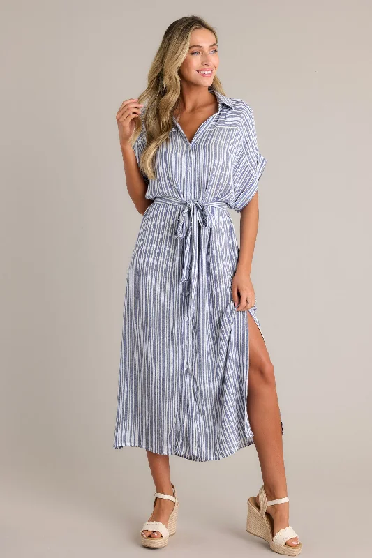 women's one-shoulder dressesEmbrace The Day Blue Stripe Midi Shirt Dress