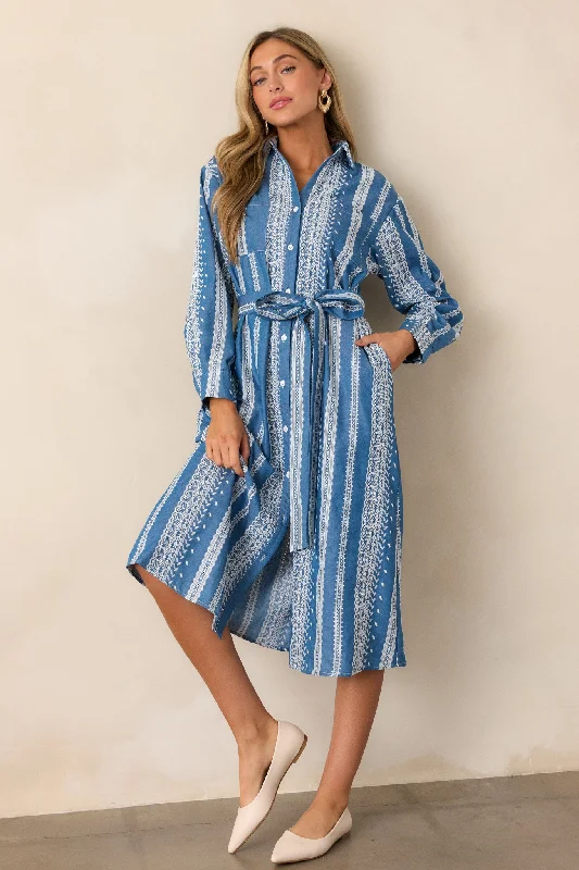 women's satin dressesSongs of the Sky Blue Embroidered Midi Shirt Dress