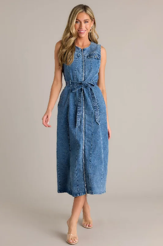 women's maternity dressesSimple Grace Denim Sleeveless Midi Dress