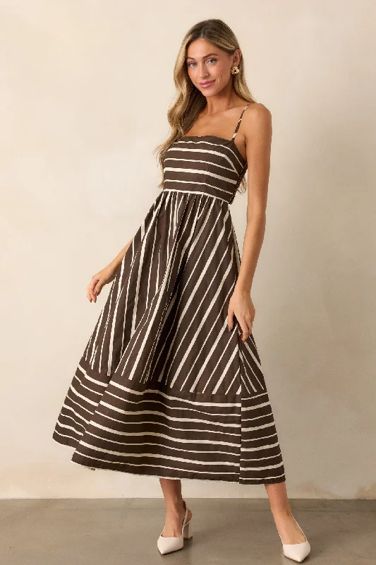 women's maximalist dressesThe Art of Balance 100% Cotton Brown Stripe Sleeveless Midi Dress