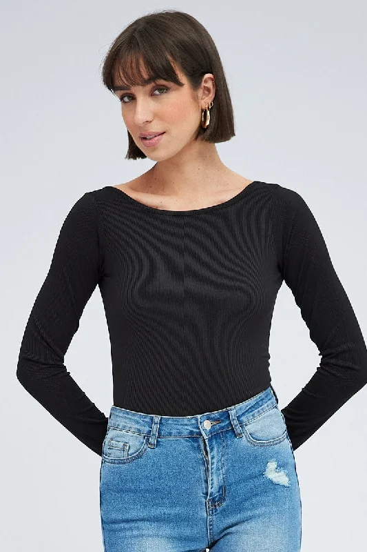 women's tops with flutter sleevesBlack Bodysuit Long Sleeve Crew Neck Rib