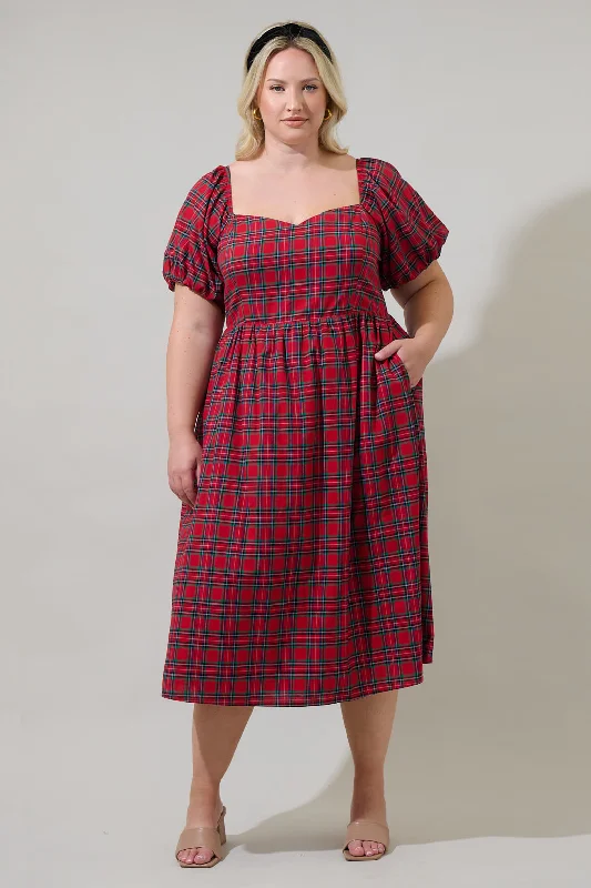 Flutter-Sleeve DressArvada Plaid Alessi Puff Sleeve Midi Dress Curve