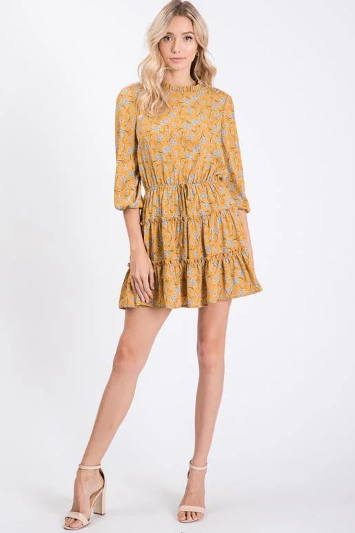 Bell-Sleeve DressFloral Ruffle Mini Dress, Mustard