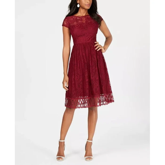 women's vacation dressesKensie Women's Lace Midi Fit & Flare Dress Red Size 8