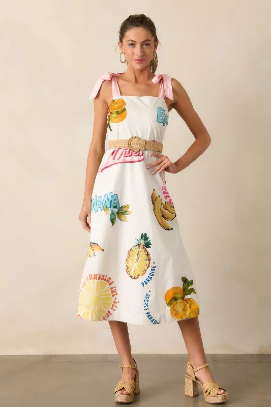 women's silk dressesTake A Chance 100% Cotton Ivory Tropical Fruit Print Midi Dress