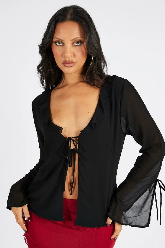 women's tops for those who want to add a pop of color to their outfitsBlack Frill Split Top Tie Front Long Sleeve