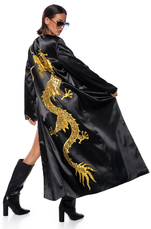 women's coats for those who refuse to compromise on styleSATIN DUSTER WITH EMBROIDERED DRAGON