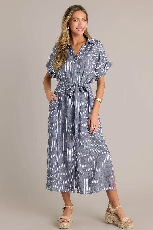 women's handmade dressesEndless Journey Blue Stripe Midi Shirt Dress