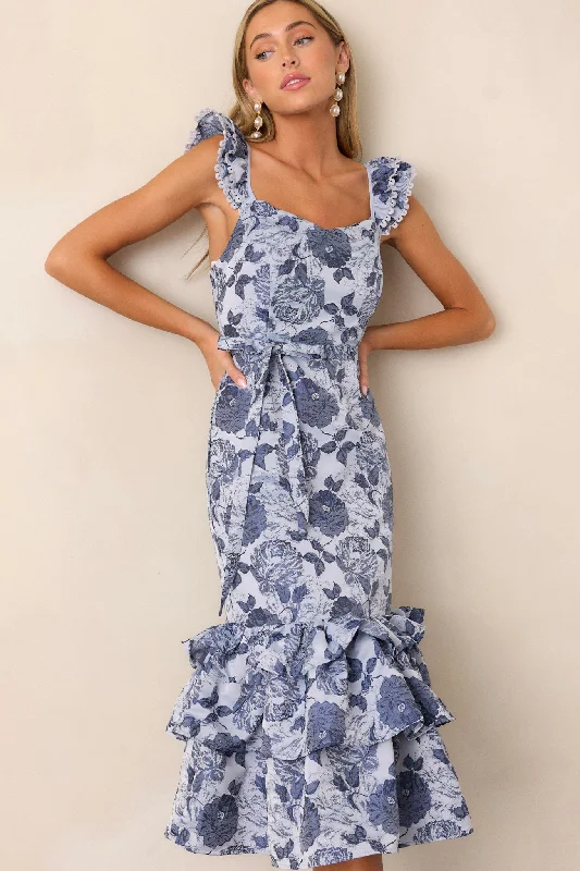 Tall Women DressStart All Over Blue Floral Ruffle Midi Dress