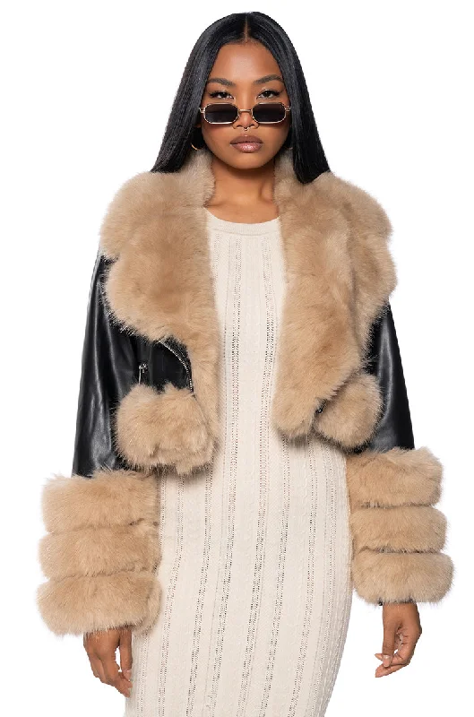 luxury women's coatsTALK THE TALK FAUX FUR MOTO JACKET