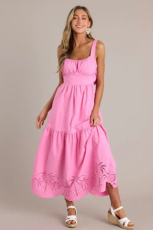 Bow-Tie DressGarden Breeze 100% Cotton Pink Eyelet Midi Dress